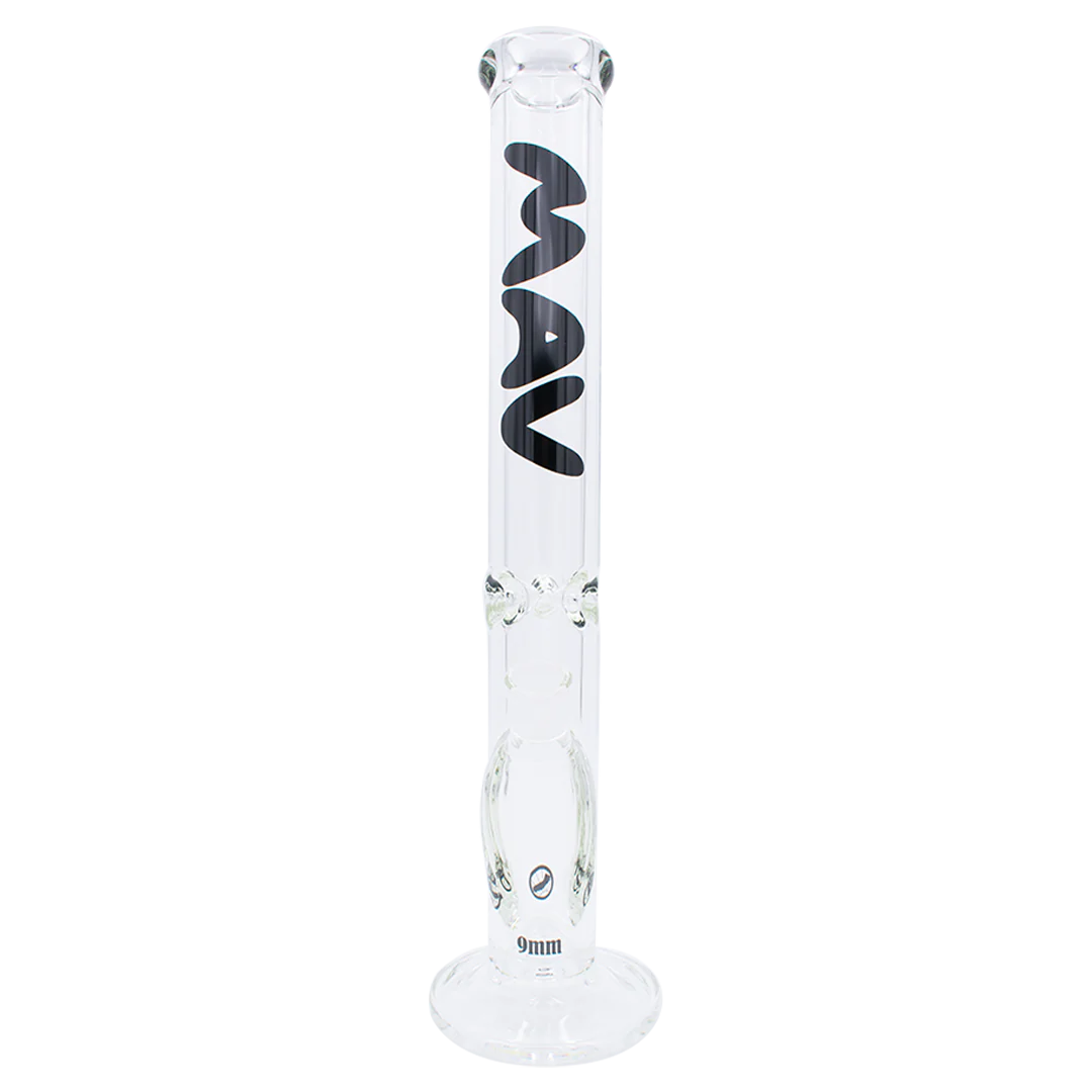 MAV Glass 18" Straight Tube Bong, 9mm Thick with Black Accents, Front View