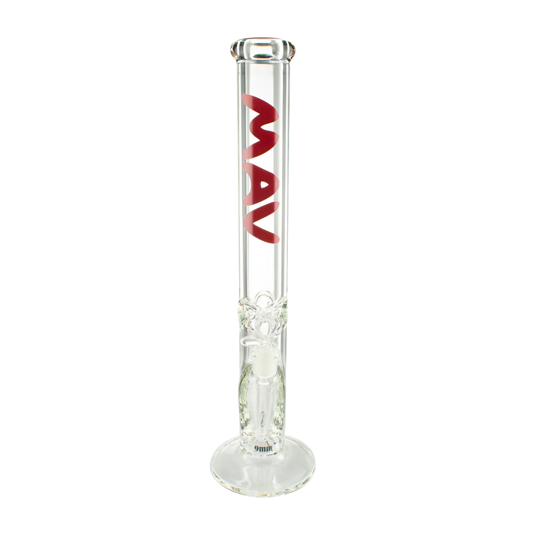 MAV Glass - 9mm Thick Straight Tube Bong, 18" Height, Clear with Red Logo, Front View
