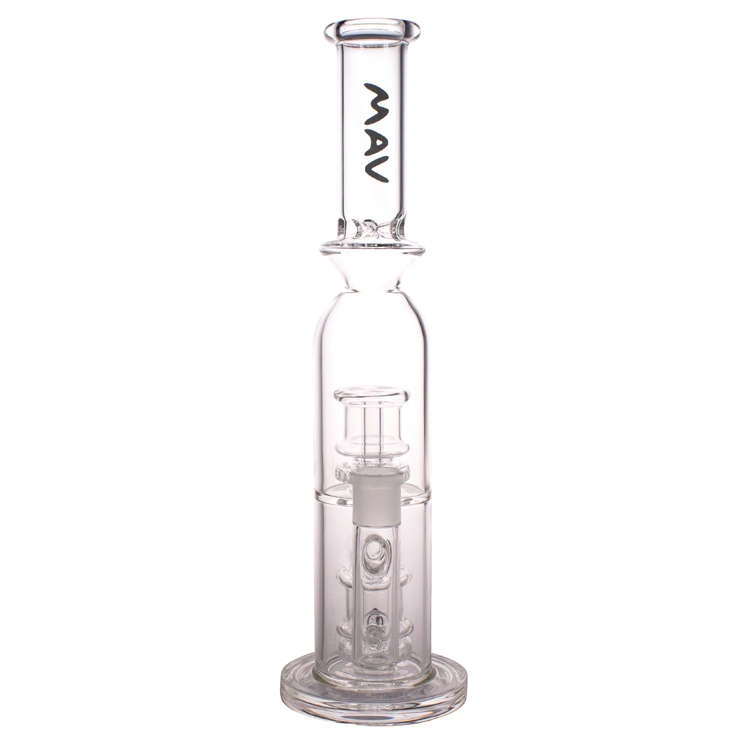 MAV Glass - Clear Double Ufo Perc Bottle Bong, Front View, 12" Height, 18-19mm Joint