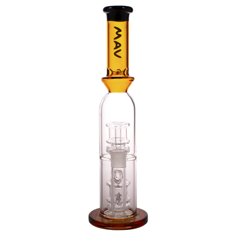 MAV Glass - Double Ufo Perc Bottle Bong in Gold, 12" Height, Front View on White Background