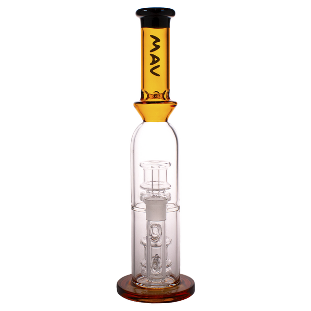 MAV Glass - Double Ufo Perc Bottle Bong in Gold, 12" Height, Front View on White Background