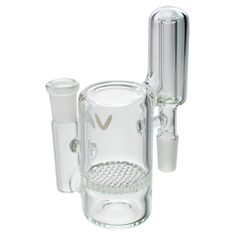 MAV Glass Honeycomb Ash Catcher, 14mm 90° angle, clear glass with MAV logo, front view on white background