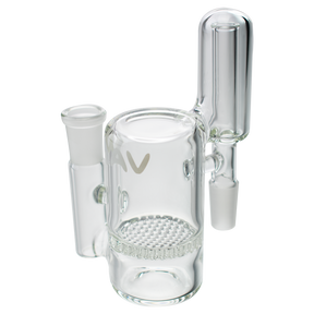 MAV Glass Honeycomb Ash Catcher, 14mm 90° angle, clear glass with MAV logo, front view on white background