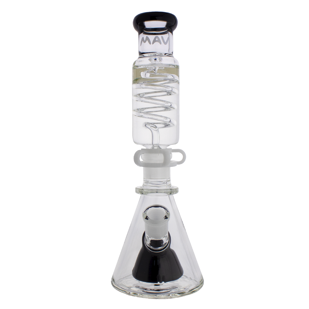 MAV Glass - Mini Pyramid Freezable Coil Bong in Black, Front View, 10" Tall, Slitted Percolator