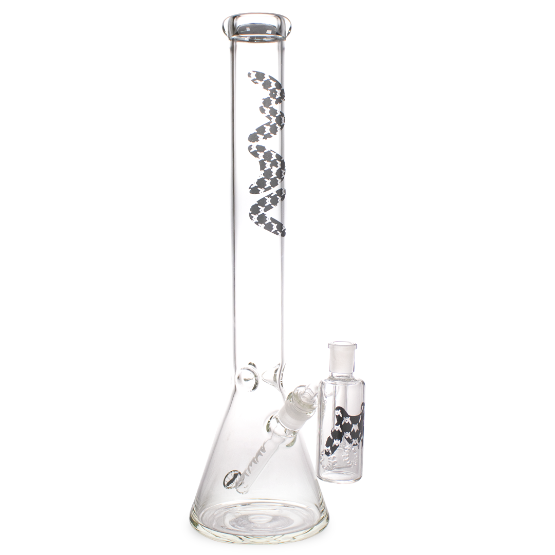 MAV Glass - Mucci Beaker Bong in Black with Ashcatcher, 18" Height, Front View