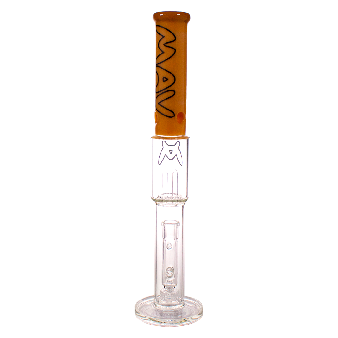 MAV Glass - The Mammoth 19'' Bong in Orange, Front View, with Clear Glass Base and MAV Logo