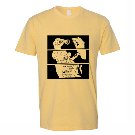 MAV Glass Pack it T-shirt in yellow with spoon design, front view on a seamless white background