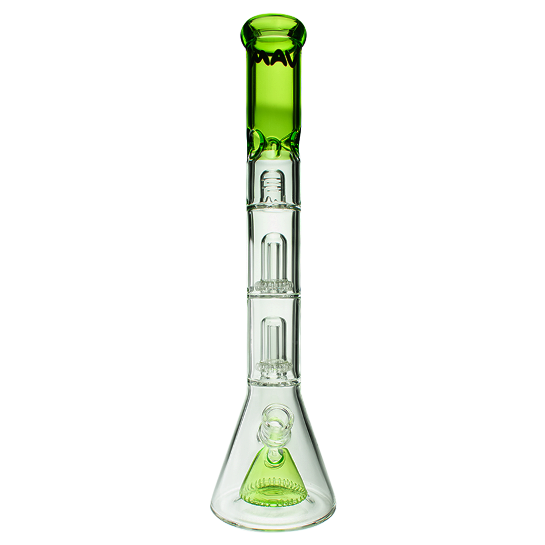 MAV Glass Pyramid to Double UFO Beaker Bong in clear with green accents, 18" tall, front view