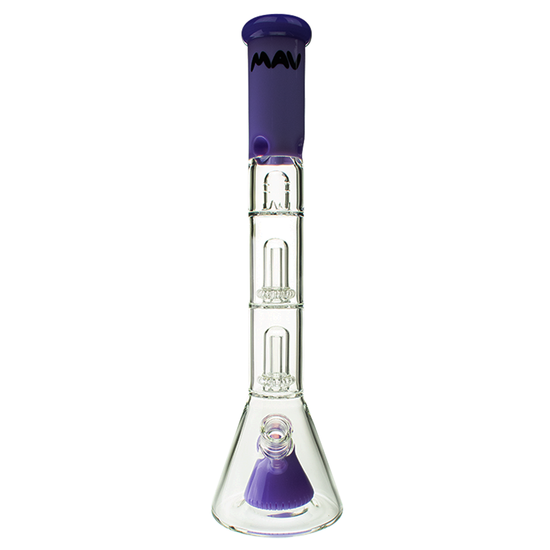 MAV Glass Purple Pyramid to Double UFO Beaker Bong Front View on White Background