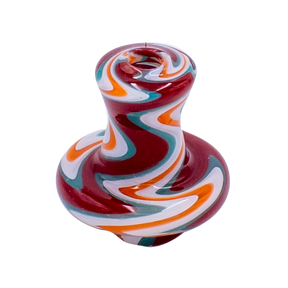 MAV Glass Red Swirl Carb Cap with 2 Matching Terp Pearls on White Background