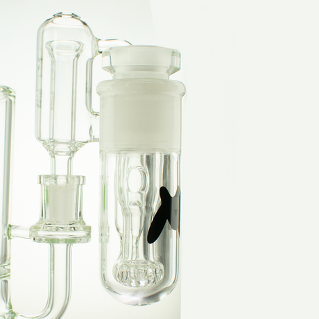 MAV Glass Showerhead Ash Catcher 14mm/90°, clear glass, side view on seamless white background