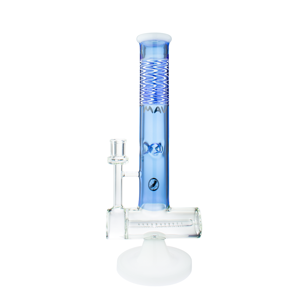 MAV Glass Slitted Inline Reversal Wig Wag Top Bong in Blue and White with In-Line Percolator