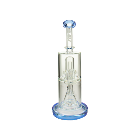 MAV Glass Slitted Pyramid to UFO Bent Neck Bong in Blue, 9" Tall, Front View on White Background