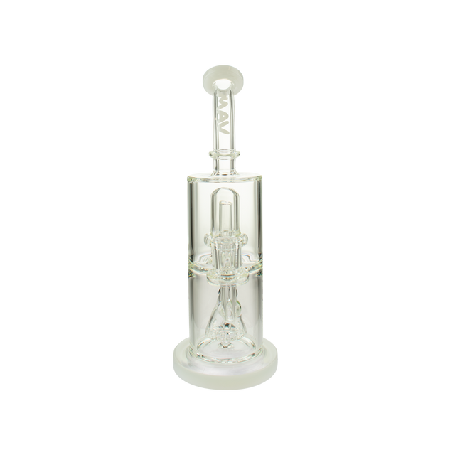 MAV Glass Slitted Pyramid To UFO Bent Neck Bong in White, Front View on Seamless Background