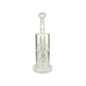 MAV Glass Slitted Pyramid To UFO Bent Neck Bong in White, Front View on Seamless Background