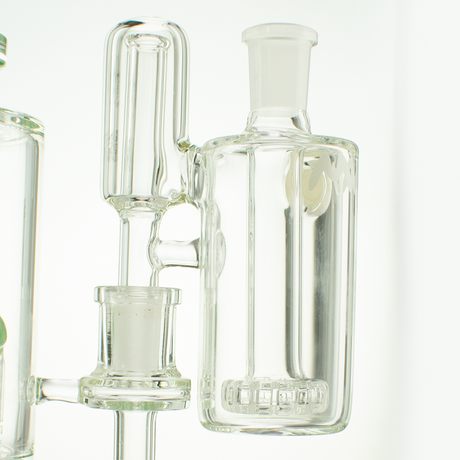 MAV Glass 14mm 90° Showerhead Ash Catcher with clear percolator, side view on white background