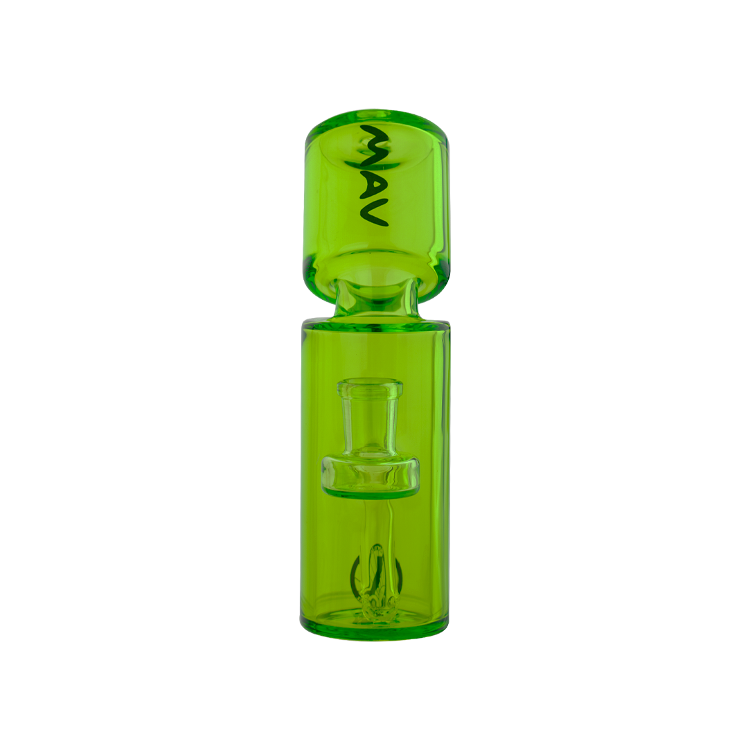 MAV Glass Spraycan Rig in vibrant green with hole diffuser and glass on glass joint, front view