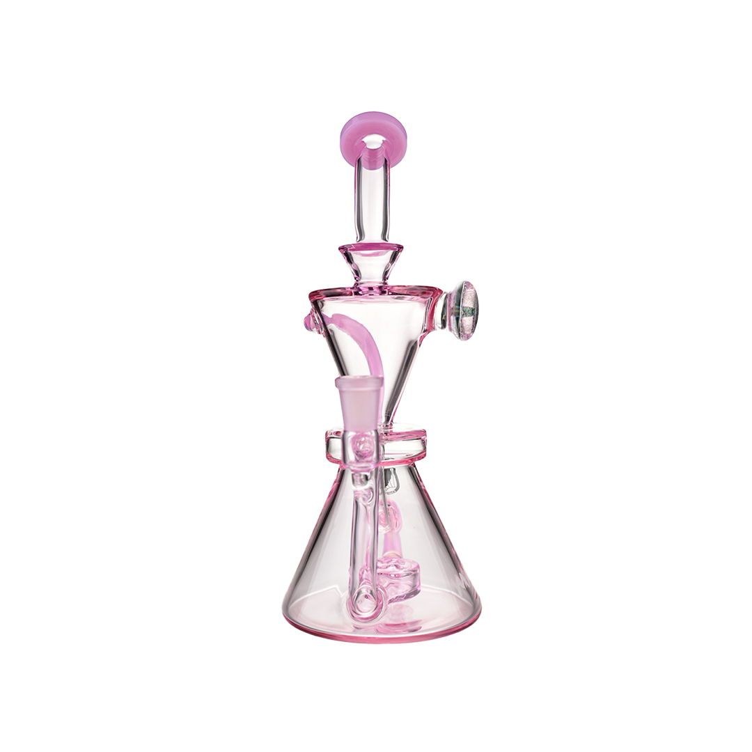 MAV Glass The Beverly SUBTL Collab Hourglass Recycler in Pink, 9" with Vortex Percolator, Front View