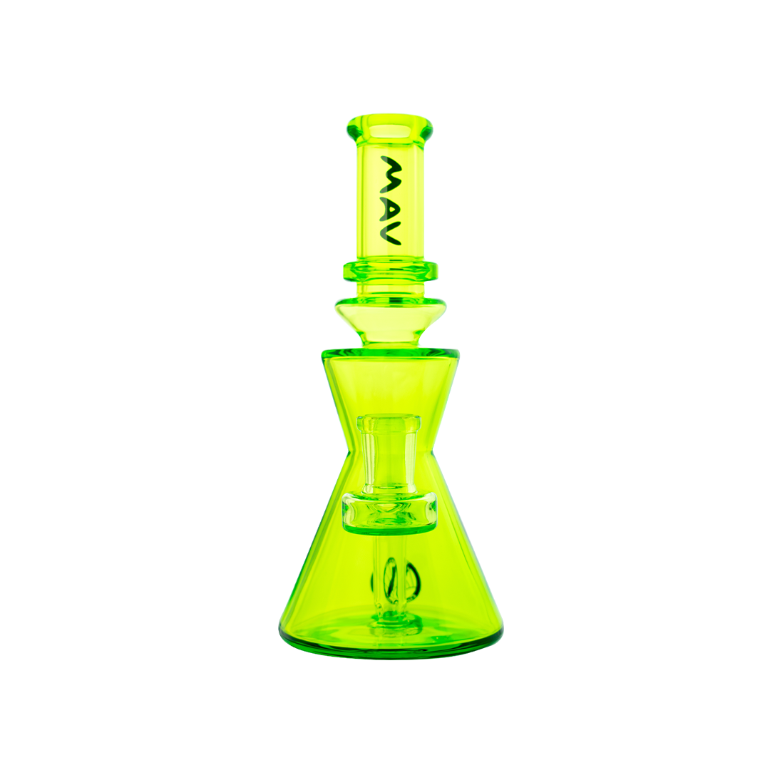 MAV Glass The Chico Rig in neon green, 7" tall beaker design dab rig with glass on glass joint