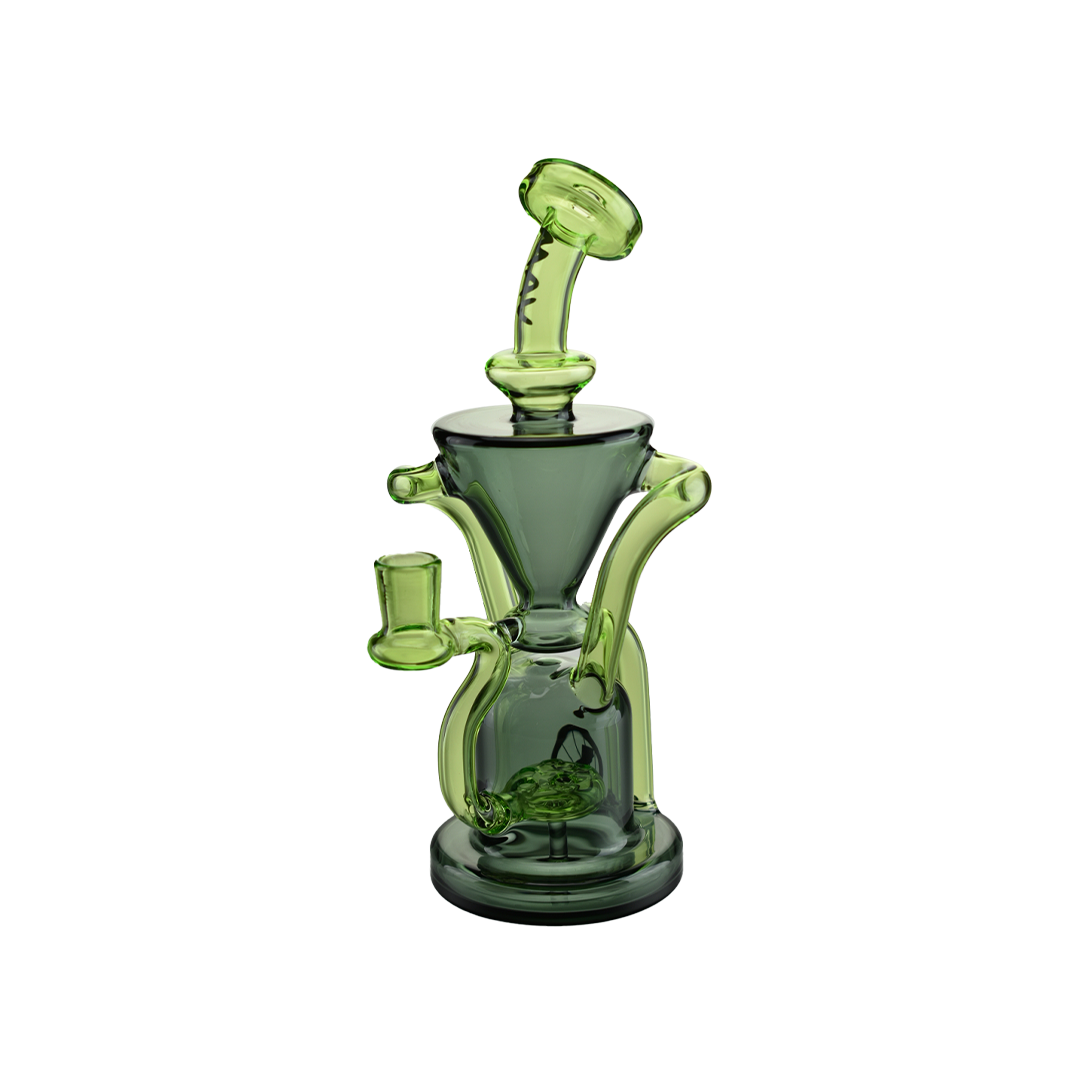 MAV Glass The Humboldt Dab Rig in Ooze variant, 9" tall with a 14mm female joint and recycler design, front view