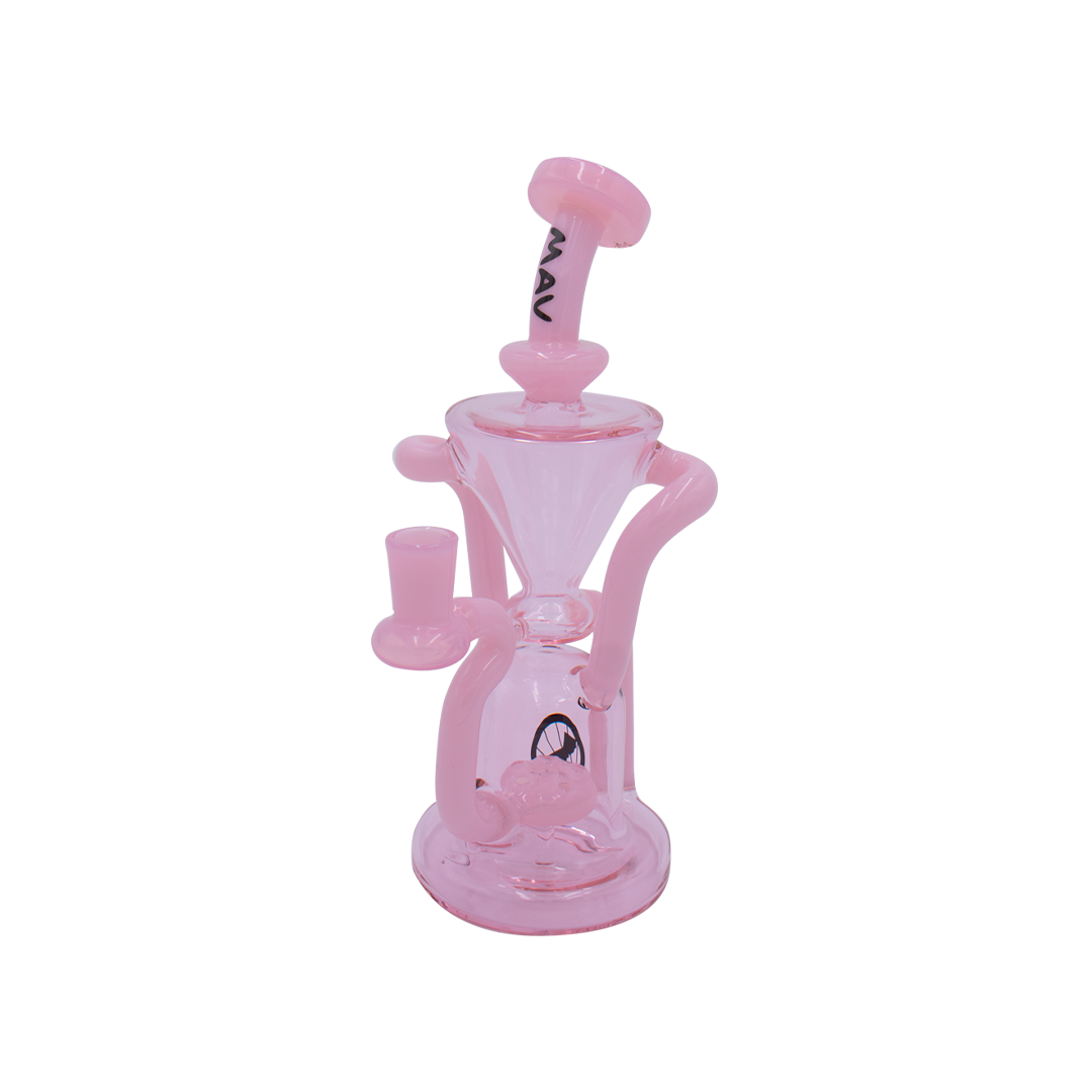 MAV Glass The Humboldt Dab Rig in Pink Milk variant, 9" tall with beaker and recycler design, front view
