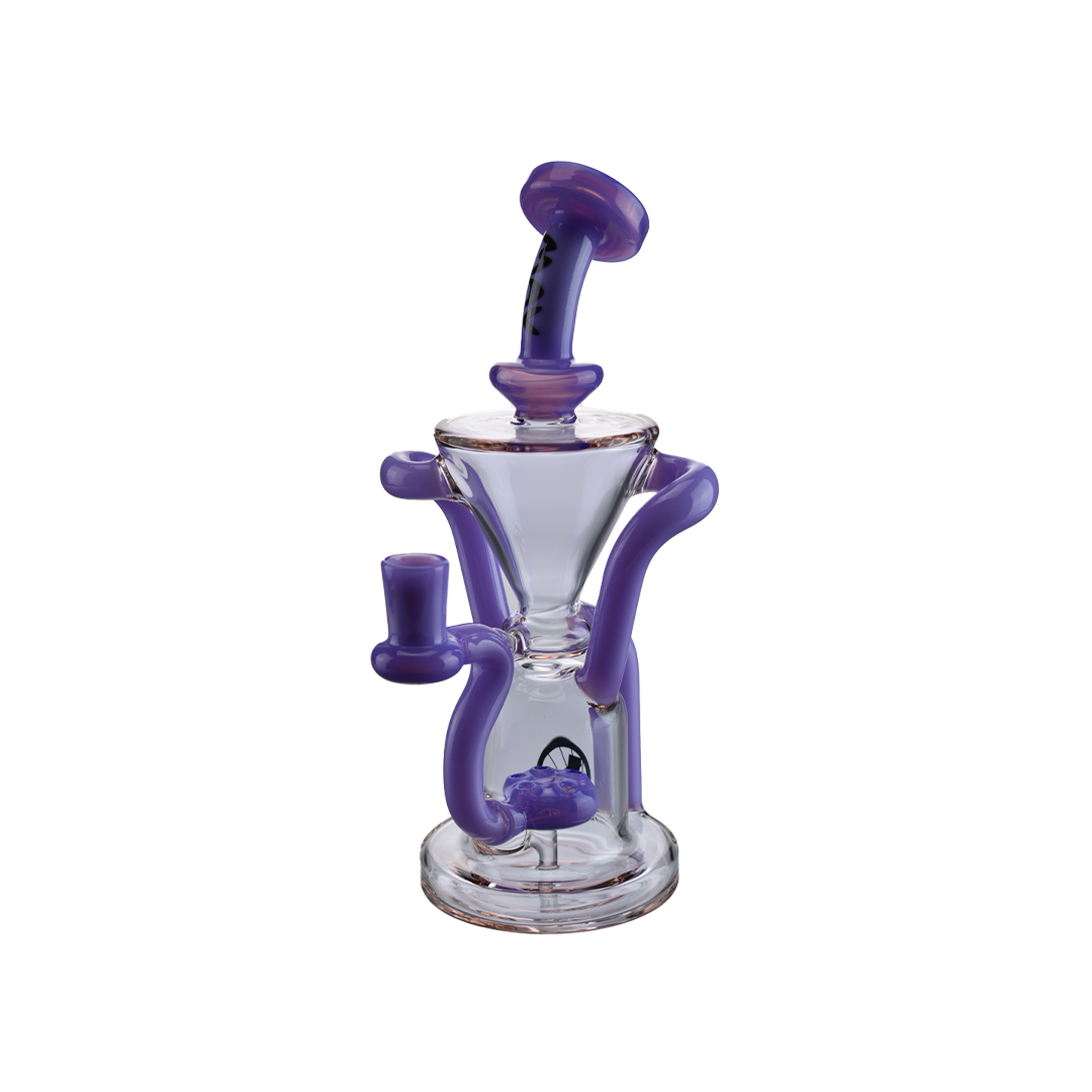 MAV Glass The Humboldt Dab Rig in Purple Milk variant, 9" tall with a beaker and recycler design, front view.