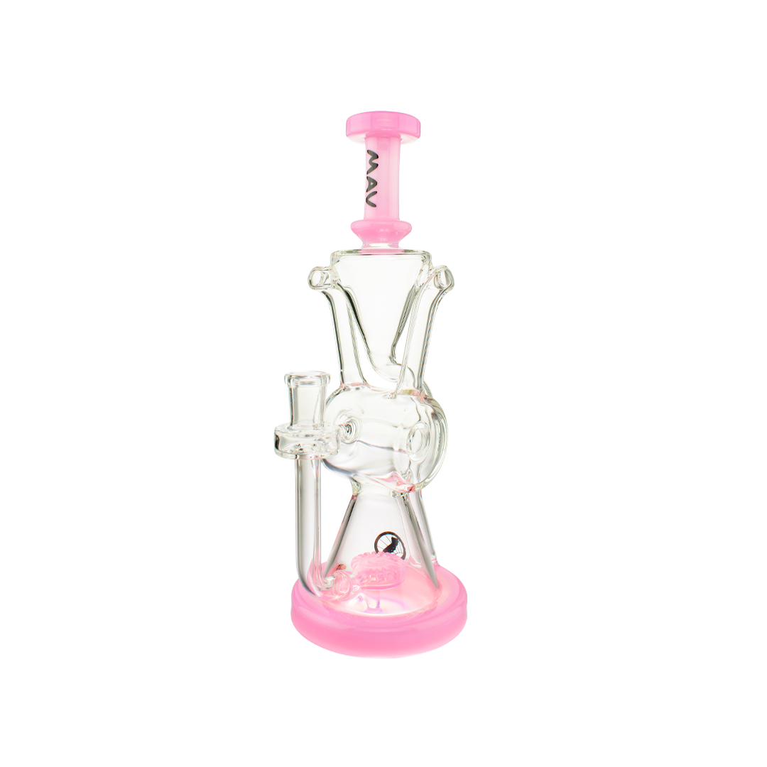 MAV Glass The Ojai Barrel Slitted Puck Recycler in Pink with Vortex Percolator, Front View