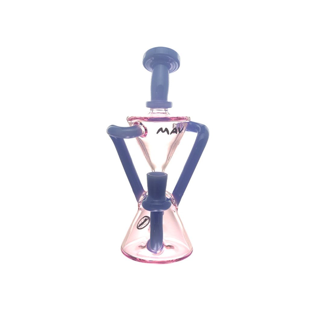 MAV Glass The Zuma Recycler in Pink and Lavender, 9" tall with Vortex Percolator, front view on white background