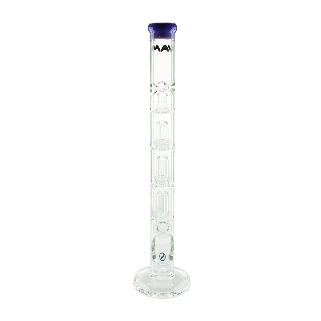 MAV Glass Triple to UFO Straight Bong, 23" Tall, 14mm Joint, Purple Accents, Front View