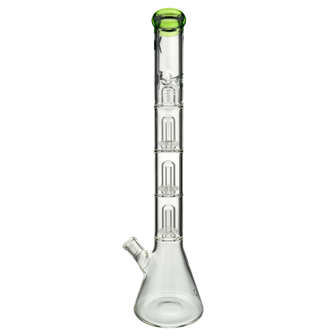 MAV Glass Triple UFO Beaker Bong front view with clear glass and green accents