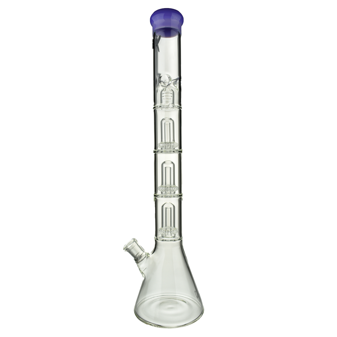 MAV Glass Triple UFO Beaker Bong in Purple, 21" height, 18-19mm joint, front view on white background