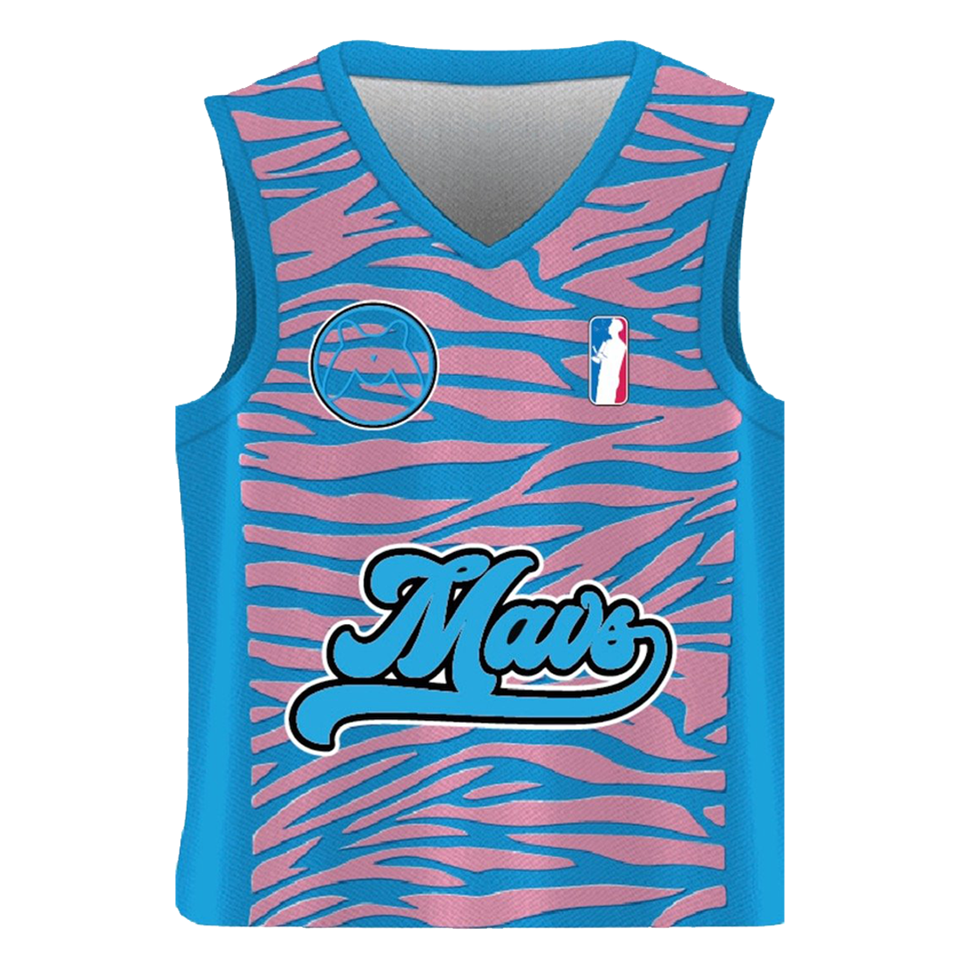 MAV Glass Limited Edition Basketball Jersey in Blue with Pink Stripes, Front View
