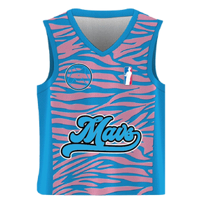 MAV Glass Limited Edition Basketball Jersey in Blue with Pink Stripes, Front View