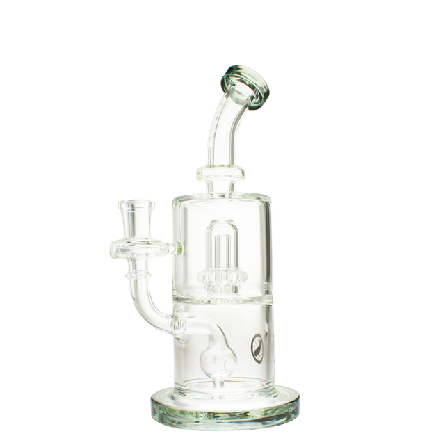 MAV Glass Whiffle Ball to UFO Mini Bent Neck Bong in Smokey Black, 9" Borosilicate Glass, Front View