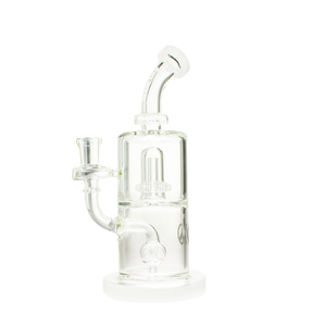 MAV Glass Whiffle Ball to UFO Mini Bent Neck Bong in White, Front View on Seamless Background