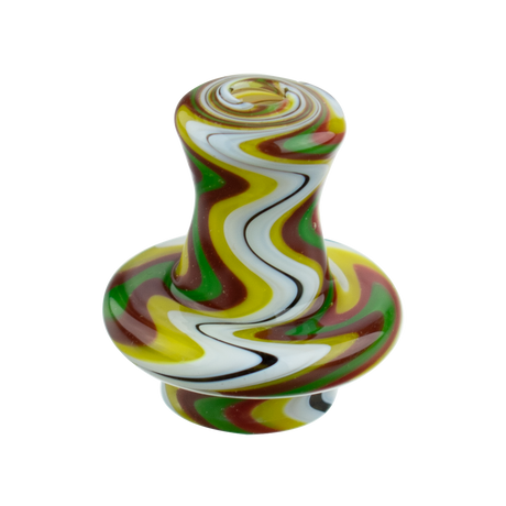 MAV Glass Yellow Swirl Cap with 2 Pearls for Dab Rigs, Front View on Seamless White