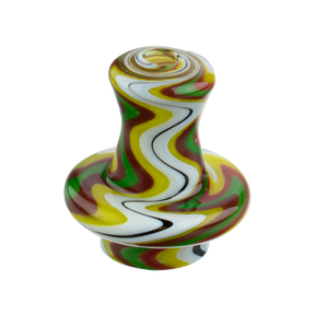 MAV Glass Yellow Swirl Cap with 2 Pearls for Dab Rigs, Front View on Seamless White