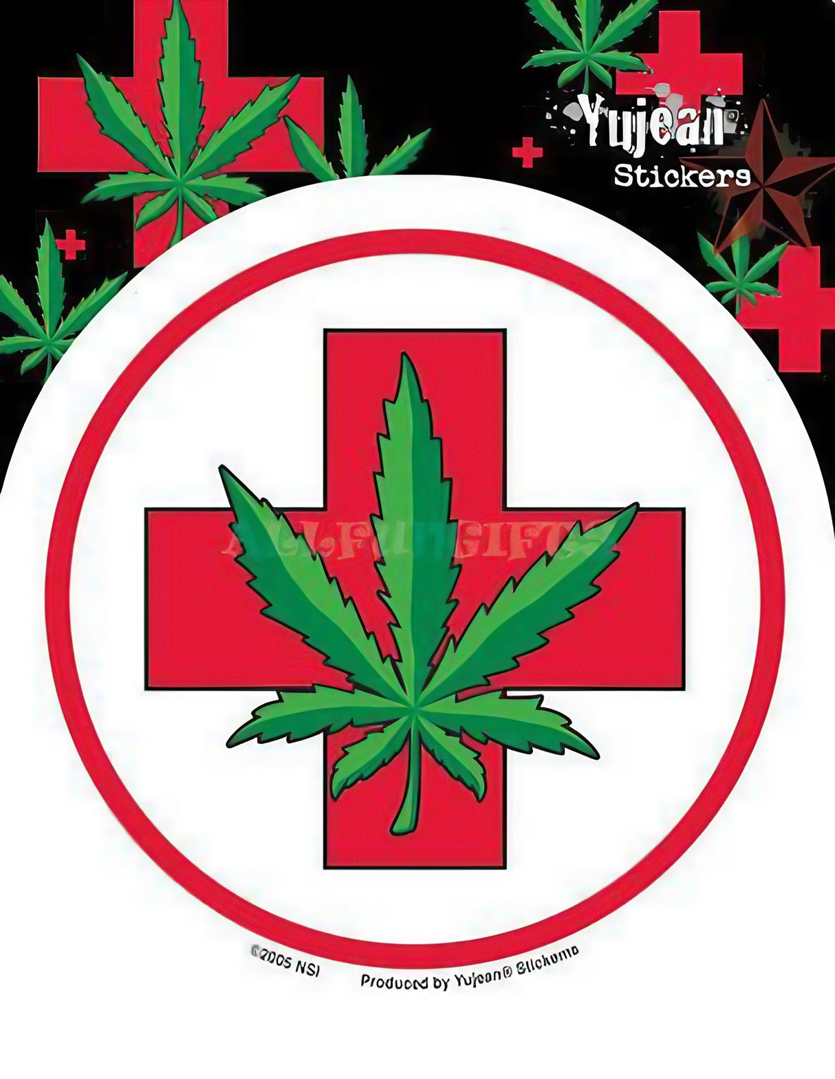 Yujean Medical Hemp Leaf Sticker in red, green, and white, 3.75" compact design for easy travel