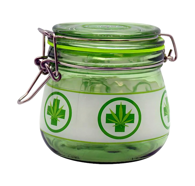 Borosilicate Glass Stash Jar with Medical Leaf Design - Airtight Seal, 4"x4.3" Size