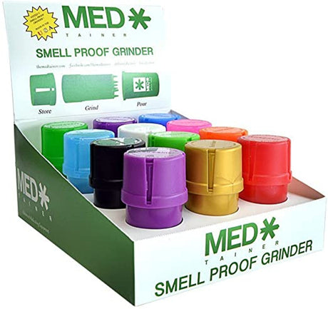 MedTainer Box Marble 12ct assortment of smell-proof grinders in various colors displayed in box