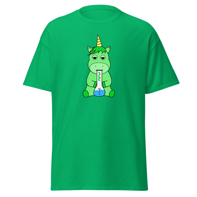 MAV Glass Bubba Unicorn Mascot Comfort Tee in Dark Blue - Front View on Green Shirt