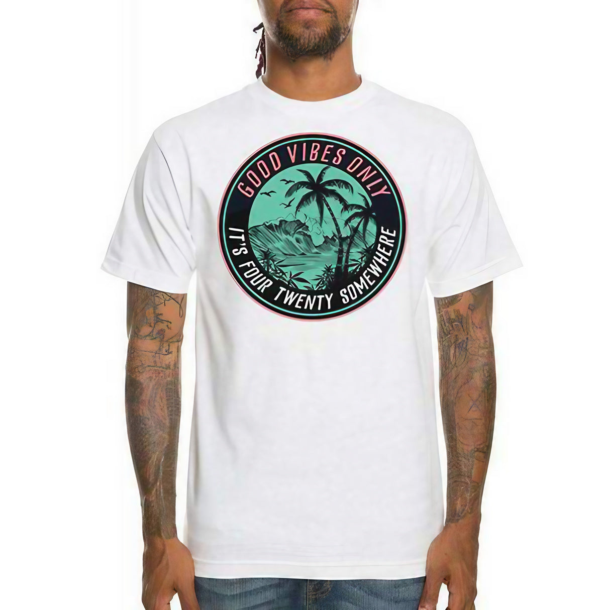 DankGeek Men's 'It's 420 Somewhere' Tee in White, Front View on Model