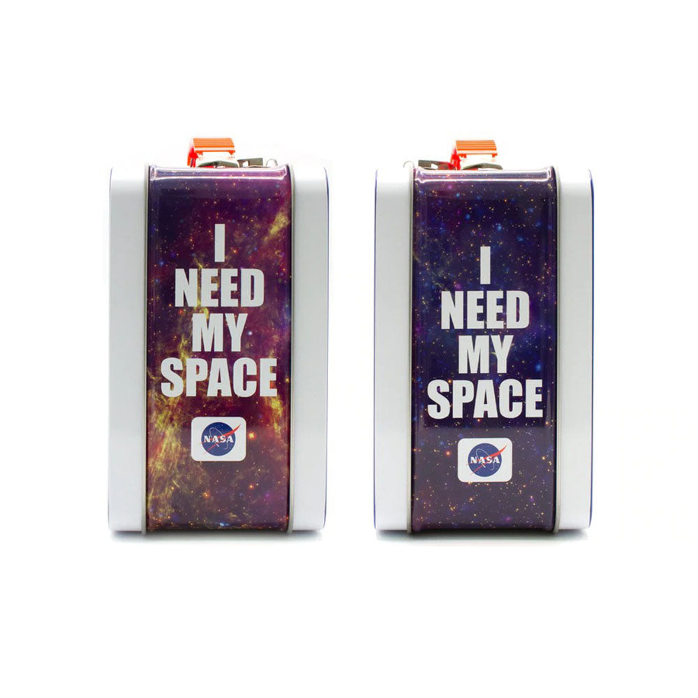 NASA-themed Metal Lunch Box with "I NEED MY SPACE" design, front and angle view