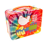 Retro-style Metal Lunch Box with '3 Days of Peace & Music' design on tie-dye background, front view