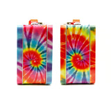 Colorful tie-dye metal lunch boxes, front and side view, with secure latch for on-the-go meals