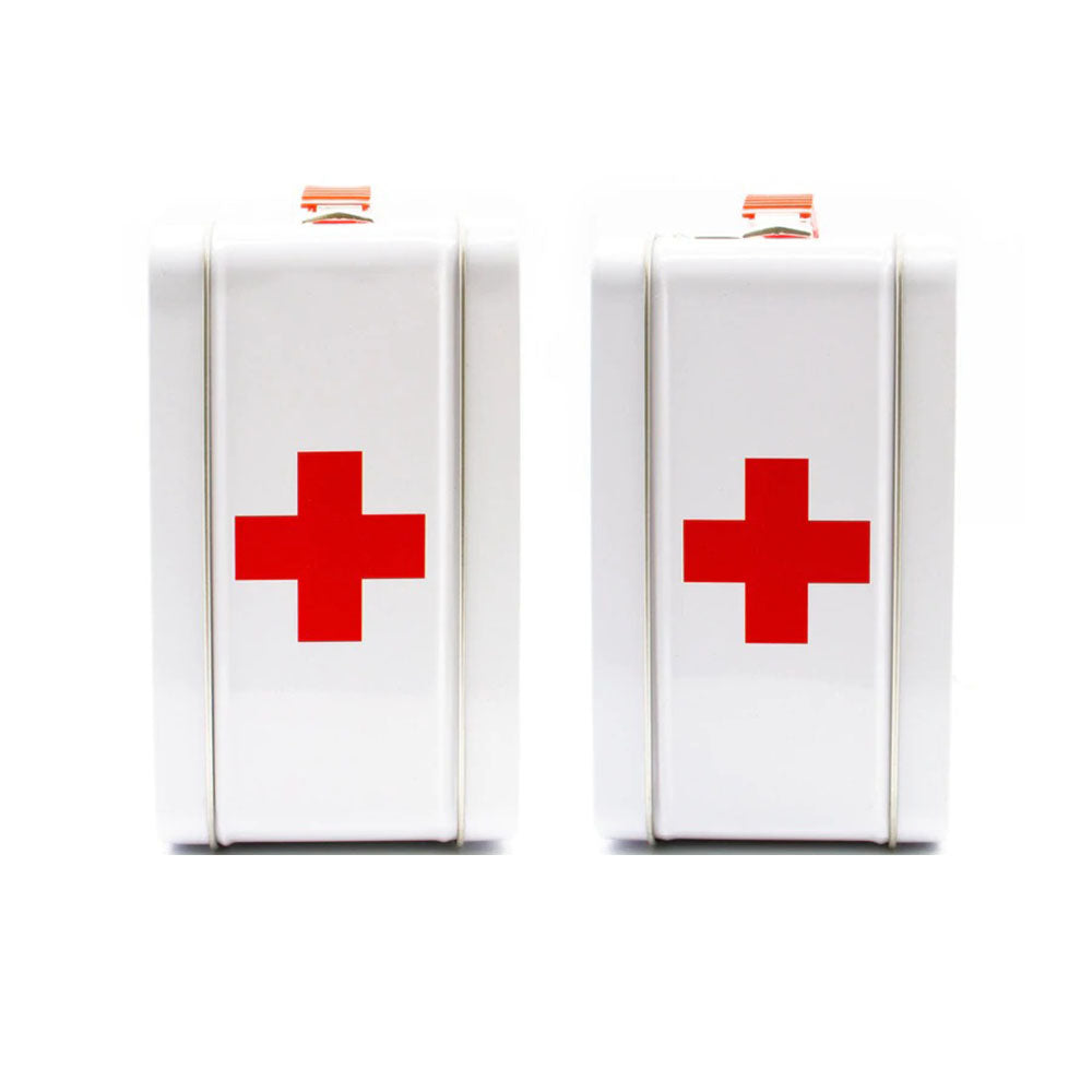 Classic white metal lunch box with red cross emblem, front view, perfect for meals on-the-go