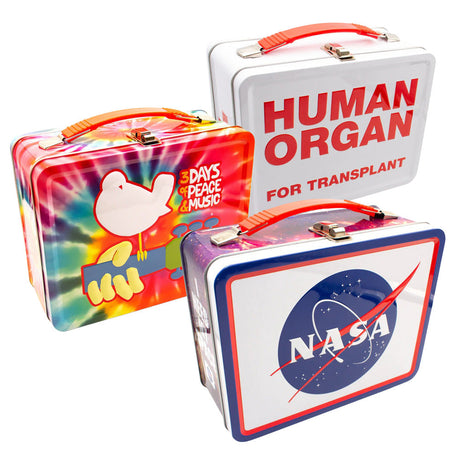 Trio of themed metal lunch boxes, including NASA and Human Organ designs, front view