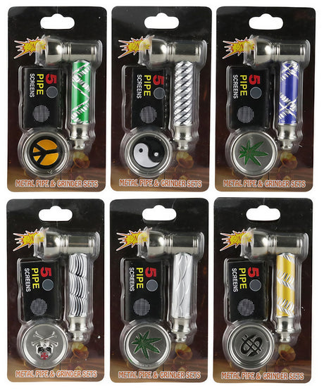Assorted Metal Pipe and Grinder Blister Packs in Various Designs - Front View
