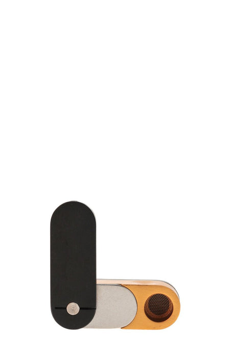 DankGeek Metal Twister Stealth Dry Pipe in Black and Gold with Stash Storage, Front View