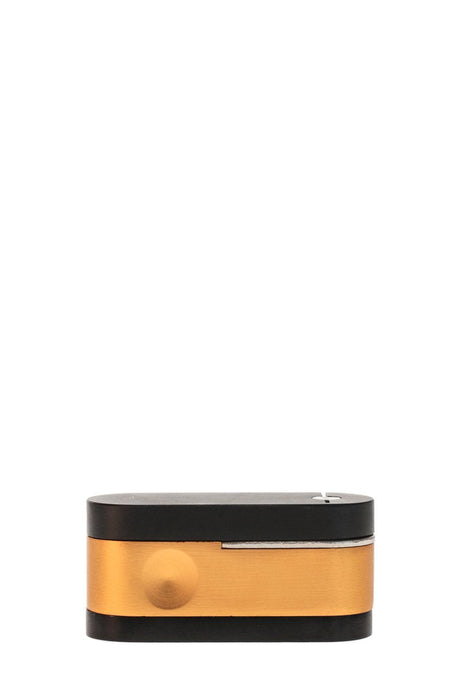 DankGeek Metal Twister Stealth Dry Pipe in Black and Gold with Stash Storage - Front View